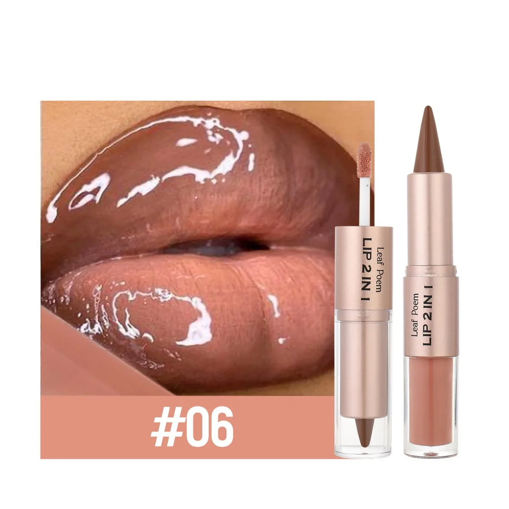 Delineador de labios 2 en 1 cónico degradado, brillo labial nude marrón efecto espejo, delineador de labios mate, resistente al agua, contorno de labios, maquillaje no pegajoso.