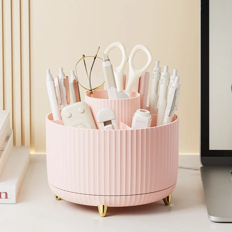 Caja organizadora de maquillaje giratoria de 360° para escritorio, de gran capacidad, para baño, portátil, para lápiz labial, brochas de maquillaje y bolígrafos.