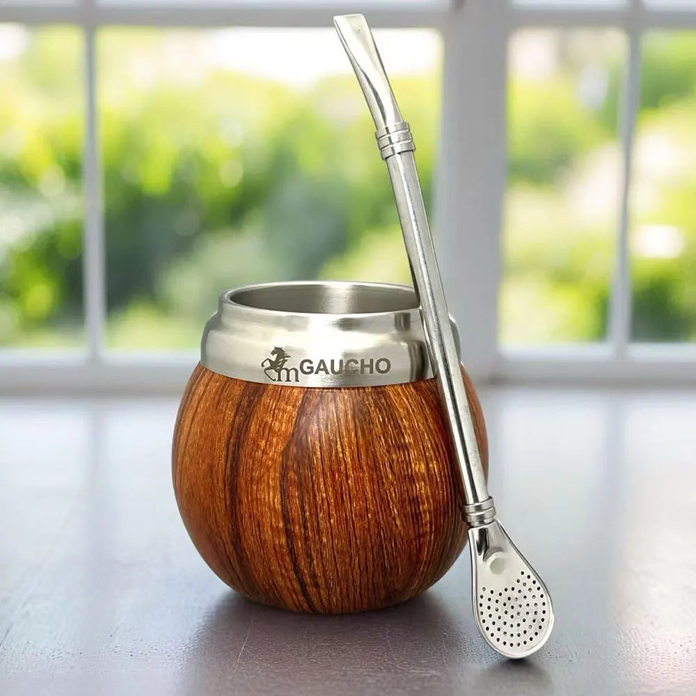 Juego de mate Gaucho Yerba Mate de acero inoxidable con forma de calabaza, 210 ml, aislamiento térmico, filtro extraíble, pajita, bombilla y cepillo de limpieza.