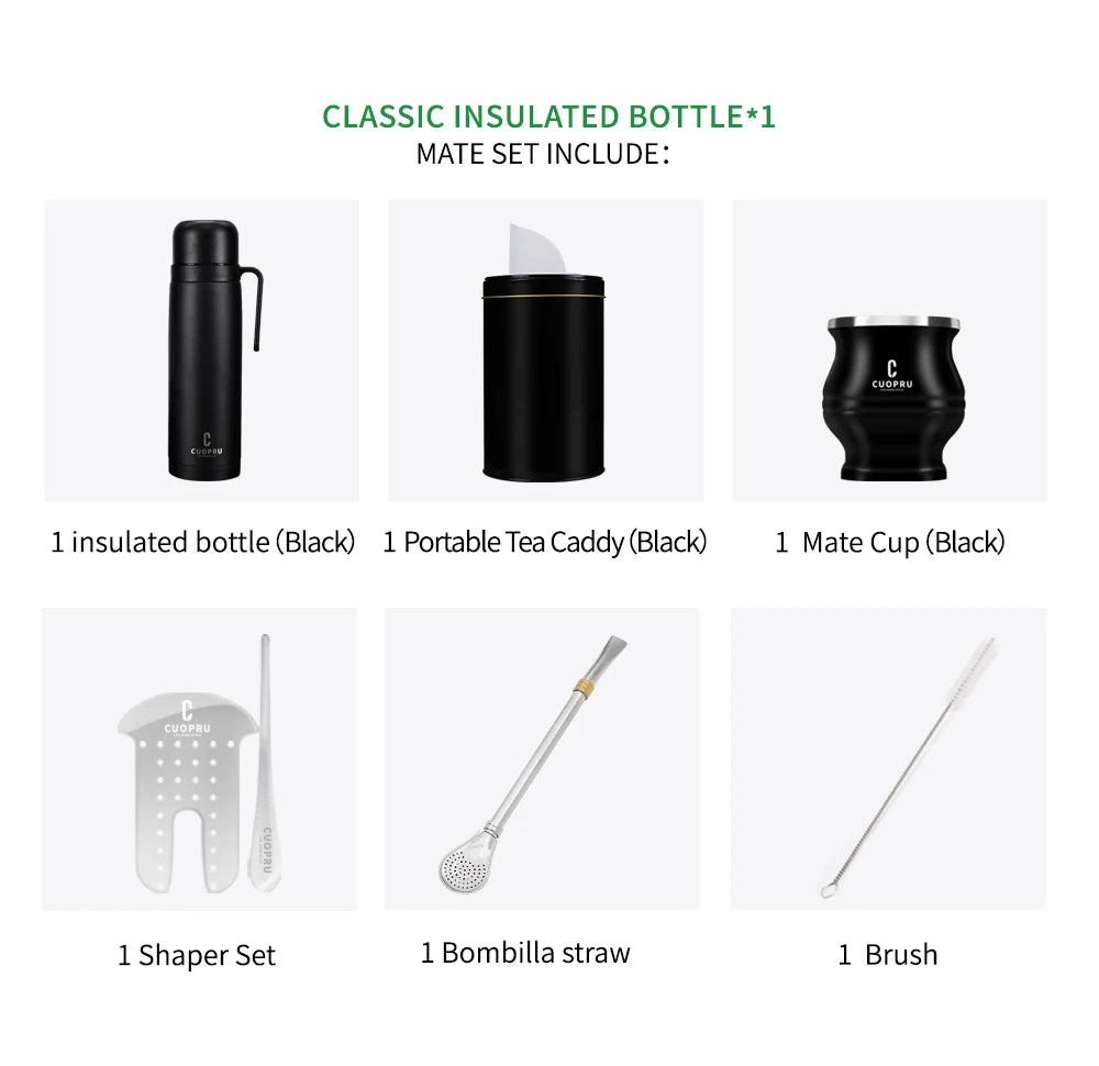 Kit completo de  mate negro: taza moderna de acero inoxidable para mate, termo, recipiente para yerba, juego de moldes para té, bombilla y pajita.