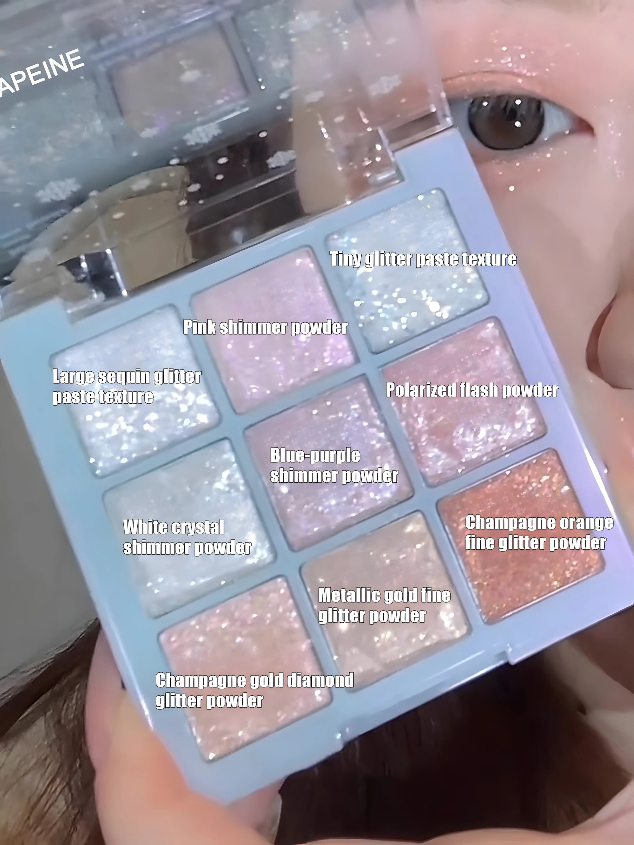 Paleta de sombras de ojos Christmas Snowflake de 9 colores: polvo fino y fácil de aplicar con tonos brillantes, camaleónicos y nacarados en color coral.