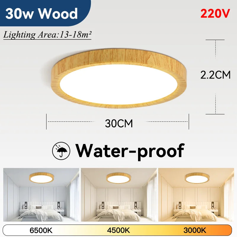 Lámpara de techo LED ultrafina de 2,2 cm, resistente al agua, 3 colores, con acabado de madera, para baño, dormitorio, sala de estar y hogar.