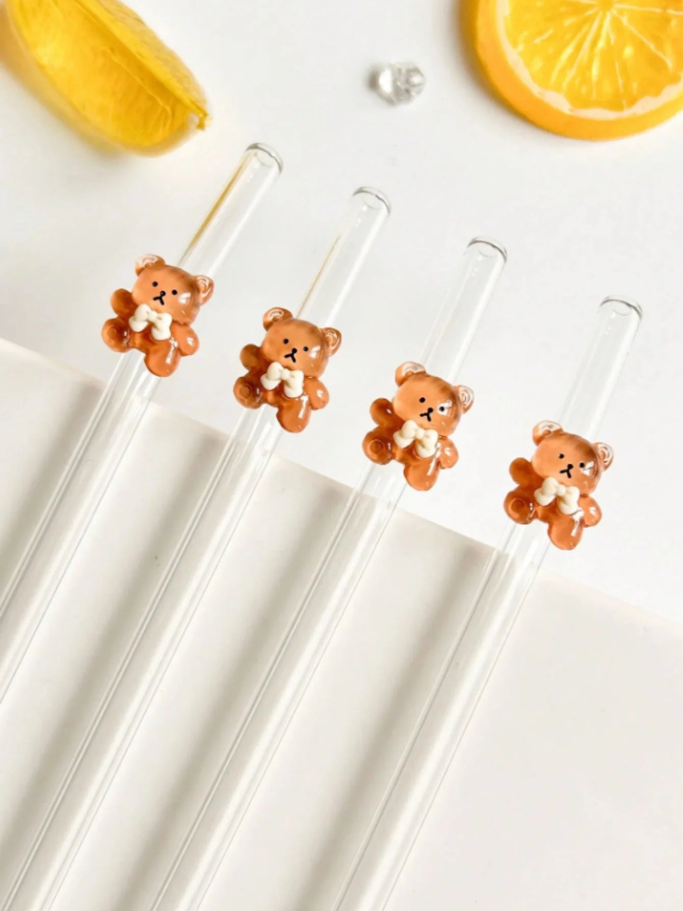 Juego de 1/5/7 pajitas de vidrio con forma de oso, pajitas curvas reutilizables para té con leche, cócteles y bebidas heladas, regalo ideal para una cita en una tienda de postres con un ambiente acogedor.