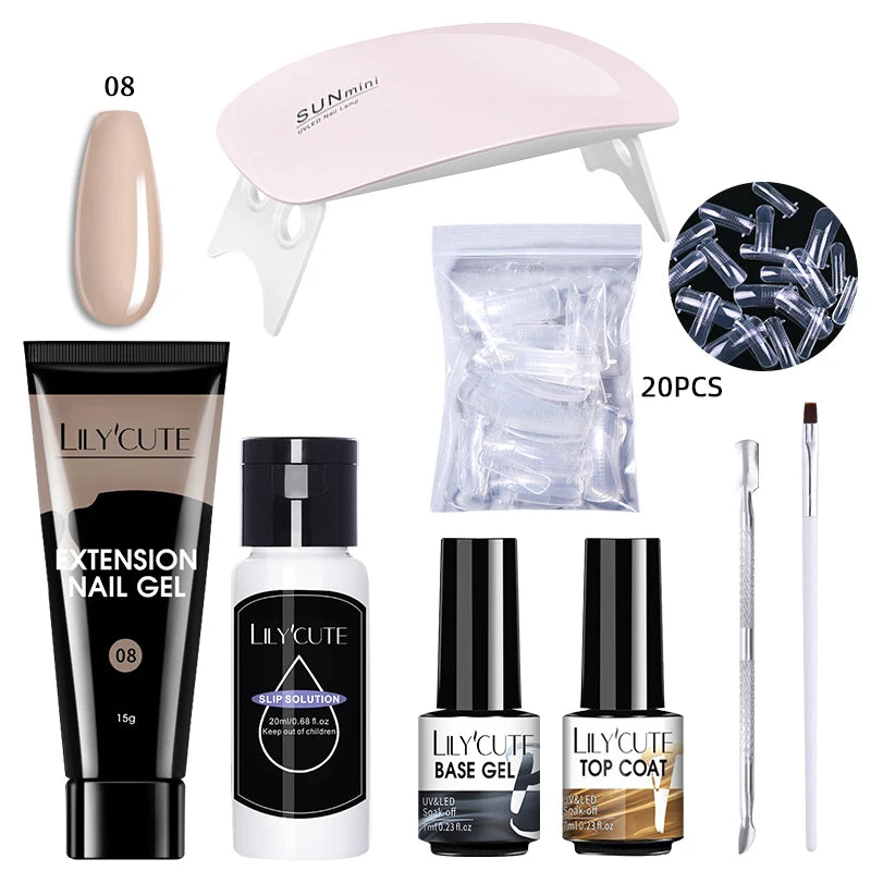 Kit de gel para extensión de uñas LILYCUTE de 15 ml, solución acrílica, esmalte en gel con lámpara para uñas para una rápida extensión, gel UV para uñas.
