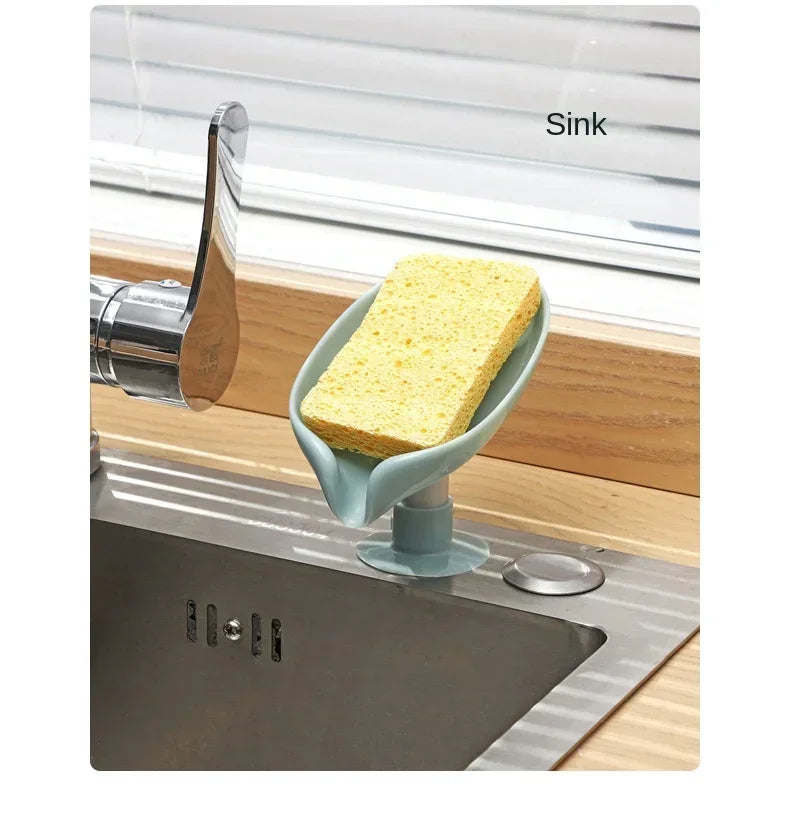 Jabonera con forma de hoja, bandeja con ventosa, escurridor para esponja de ducha, accesorios de cocina y baño.