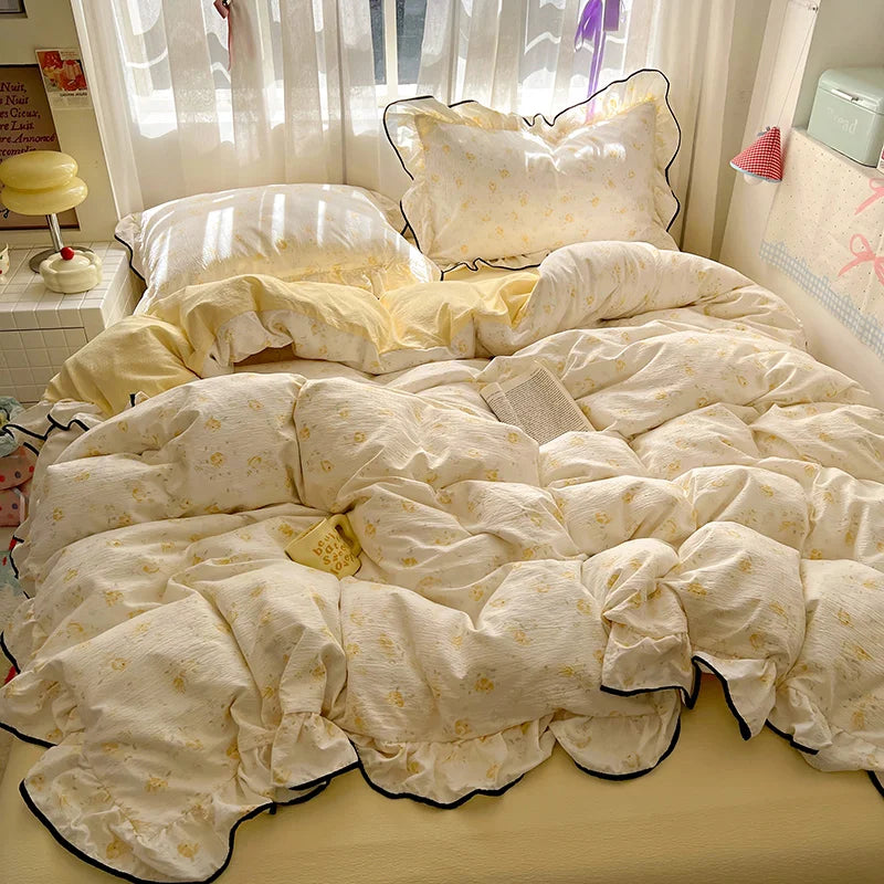 Juego de Ropa de Cama Ruffles Estilo Floral Funda de Edredón Funda de Almohada con Sábana Juego de Ropa de Cama Amigable con la Piel Ropa de Cama para Habitación de Niñas