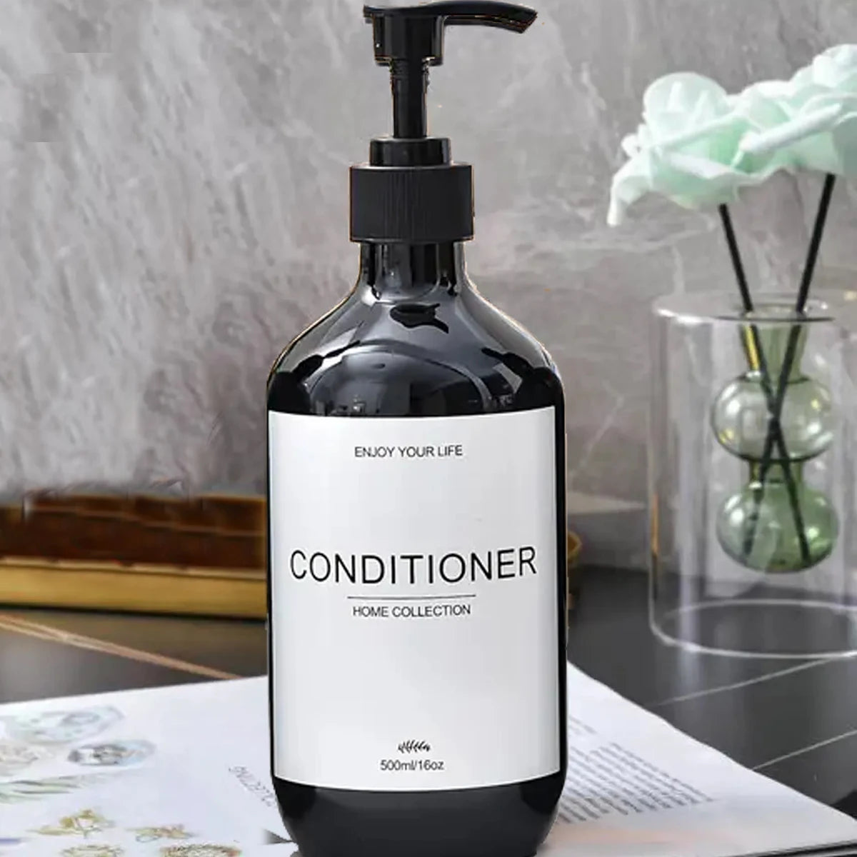 Juego de dispensadores de champú para baño de 500 ml, botellas de acondicionador y gel de ducha recargables, dispensador con decoración rústica, botellas de almacenamiento.