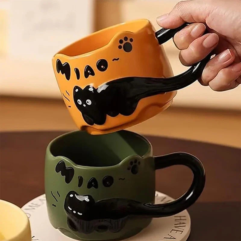 Taza apilable con diseño de gato, taza de café o té con un lindo diseño de dibujos animados, apilable, creativa, adorable, de cerámica, regalo divertido para uso doméstico diario.