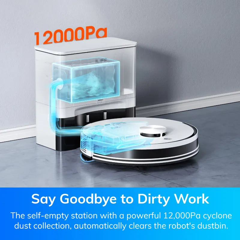 ILIFE A30 PRO, aspiradora y fregona robot con potencia de succión de 5000 Pa, vaciado automático, capacidad para 60 días, control por aplicación/mando a distancia, autonomía de 180 minutos.