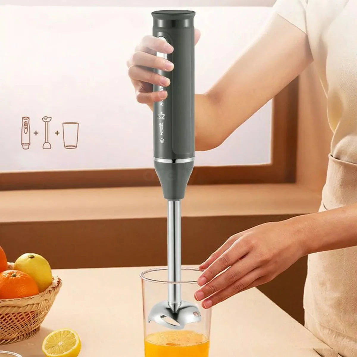 Juego de batidora de mano 4 en 1, que incluye batidora de mano multifunción, batidor de varillas, picadora y vaso medidor, adecuado para el procesamiento de alimentos y batidos.