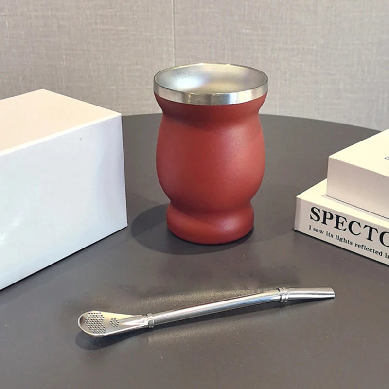 Mate de acero inoxidable 304 de doble pared de 237 ml (8 oz) con pajita, cuchara y cepillo de limpieza.