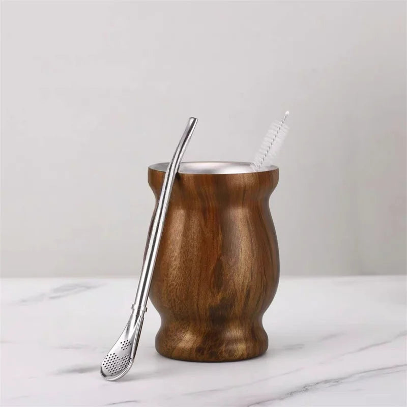 Mate de acero inoxidable 304 de doble pared de 237 ml (8 oz) con pajita, cuchara y cepillo de limpieza.