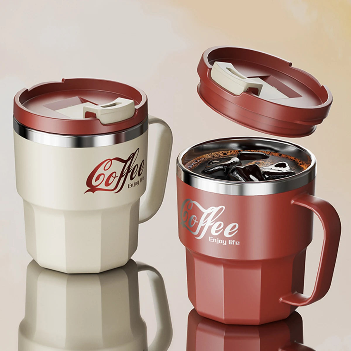 Taza de café WORTHBUY con tapa y asa, de acero inoxidable 304, para té, leche y café, con doble pared aislante y protección anti-quemaduras.
