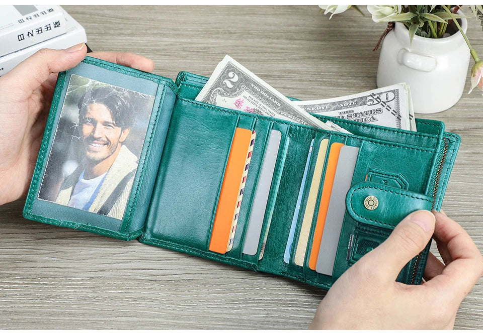 Carteras de cuero genuino Contact'S para mujer y hombre, cartera corta pequeña con bloqueo RFID, tarjetero, monedero rojo para mujer