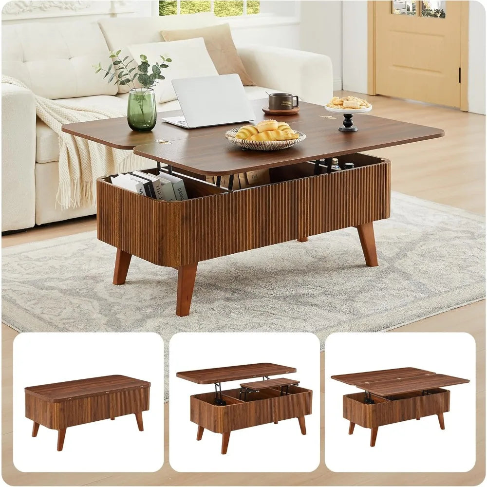 3 in 1 Lift Top Coffee Table, Fluted Convertible Coffee Tables Converts to Dining Tables, Modern Oval Wooden Center Table with S