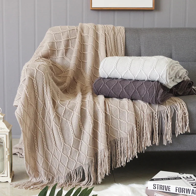 Mantas nórdicas de punto con borlas, color caqui, crema y gris, estilo vintage, ideales para cama, sofá o sillón. Funda de cama extragrande.