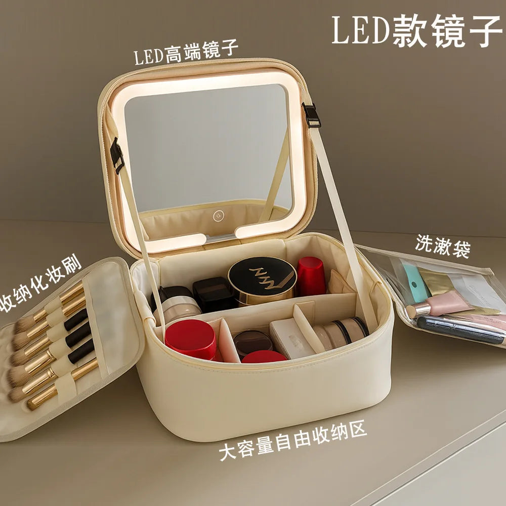 Nuevo neceser de maquillaje LED de alta gama 2026, bolsa de aseo portátil de gran capacidad para viajes, con espejo y caja de luz.