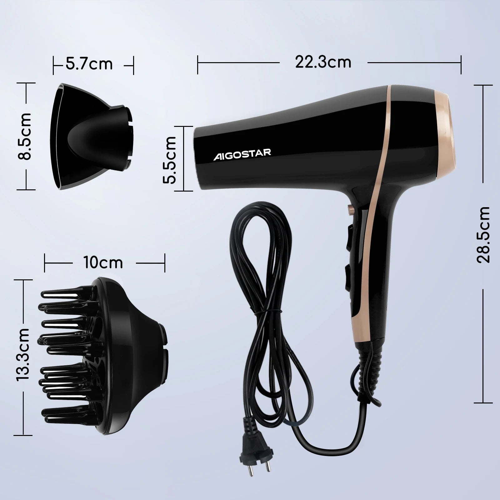 Secador de pelo profesional, iones negativos, 2 velocidades, 3 niveles de temperatura + aire frío, difusor y concentrador, 2400 W.