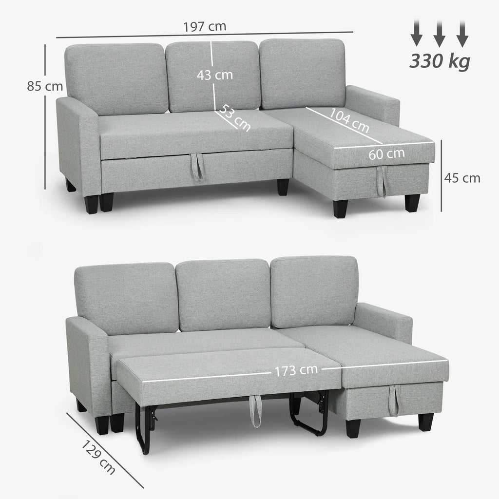 Sofá cama Homcom de 3 plazas con chaise longue reversible, con espacio de almacenamiento y fundas extraíbles, color gris.