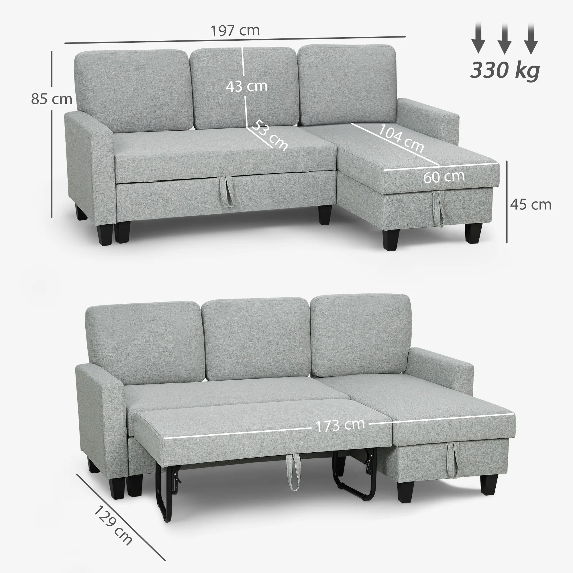 Sofá cama Homcom de 3 plazas con chaise longue reversible, con espacio de almacenamiento y fundas extraíbles, color gris.