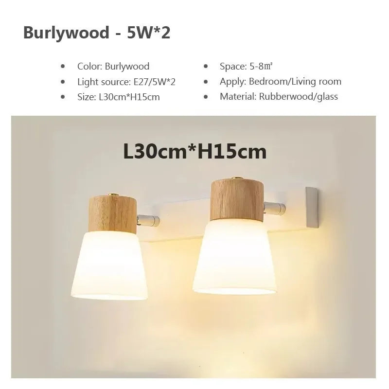 Lámpara de pared minimalista de madera para dormitorio, lámpara de noche de cristal con doble cabezal, luminarias creativas para pasillos.
