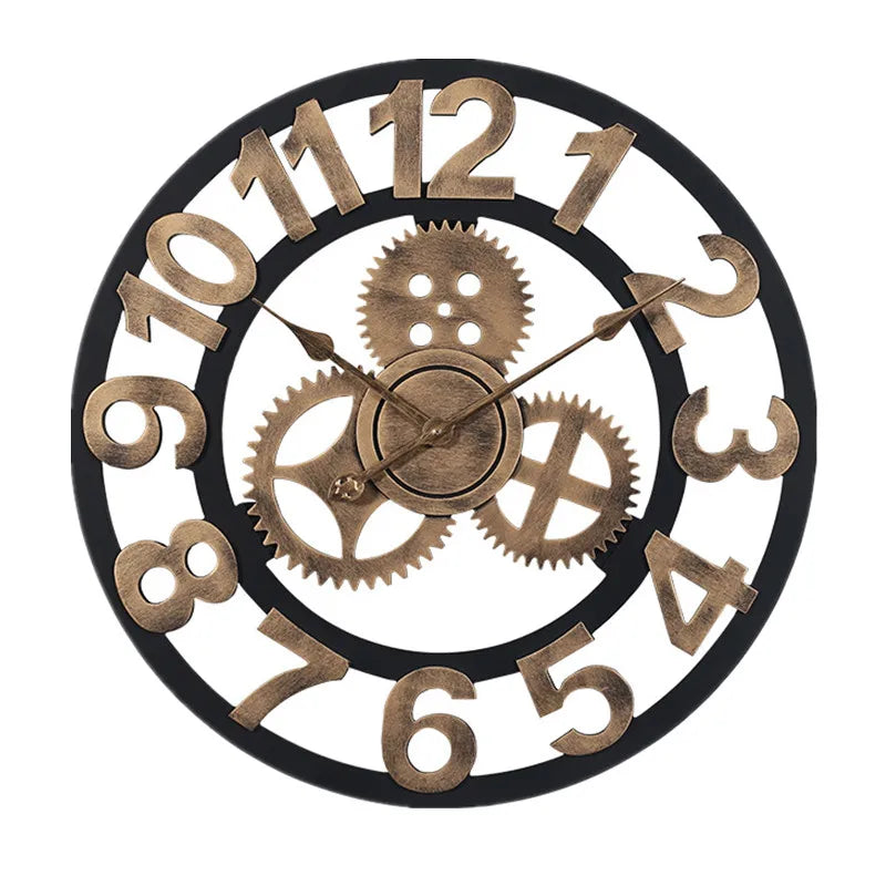 Reloj de pared vintage con engranajes, estilo industrial, de madera y metal, decoración rústica americana para bares o cafeterías.