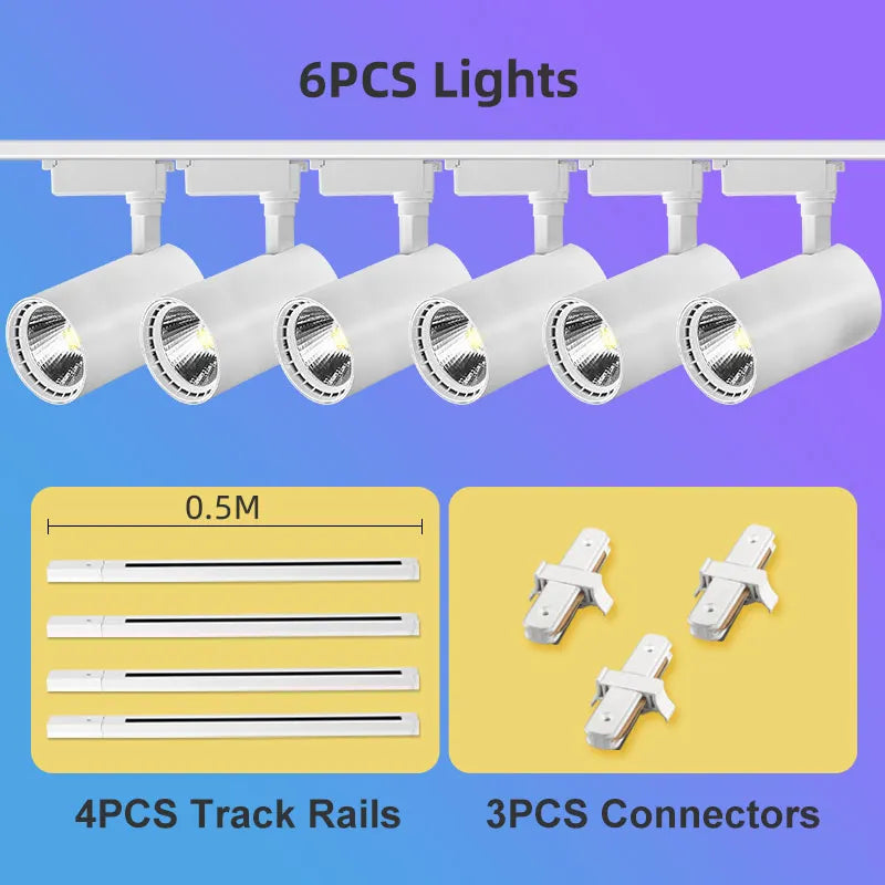 Juego completo de focos LED de riel de 50W, 40W y 20W con tecnología COB para iluminación de riel de techo en interiores, ideales para la decoración de salas de estar y cocinas.