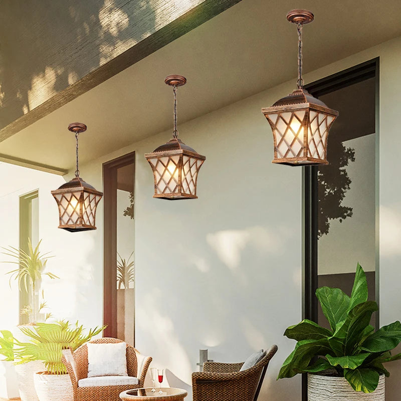 Lámpara colgante impermeable LED Retro europea, candelabro de pueblo para exteriores, luces para pasillos y balcón, luminaria colgante