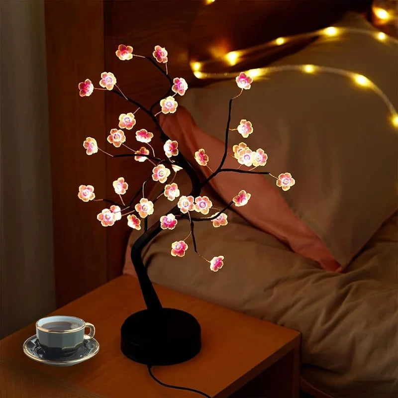 Lámpara de mesa con forma de árbol, alimentada por USB/pilas, con interruptor táctil, bonsái artificial de cerezo en flor, lámpara de escritorio LED decorativa.