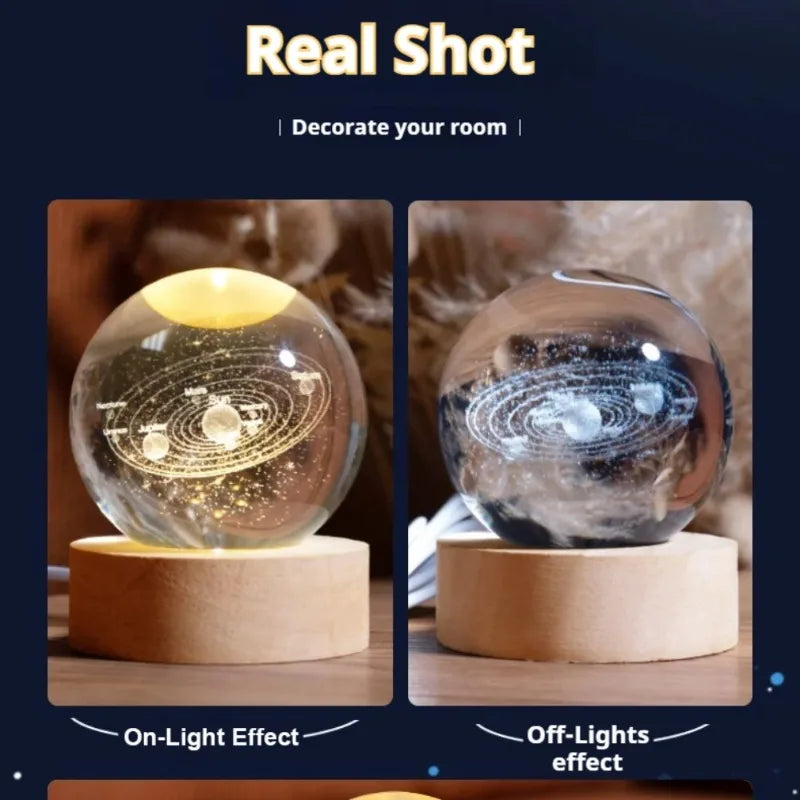 Lámpara de bola de cristal 3D con proyecciones de galaxias y planetas, luz nocturna LED USB para crear un ambiente acogedor en el hogar, decoración navideña.