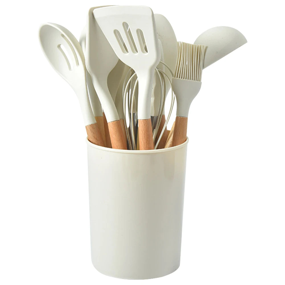 Juego de 12 piezas de utensilios de cocina de silicona antiadherentes: espátula, pala, cuchara, brocha, batidor, mango de madera.