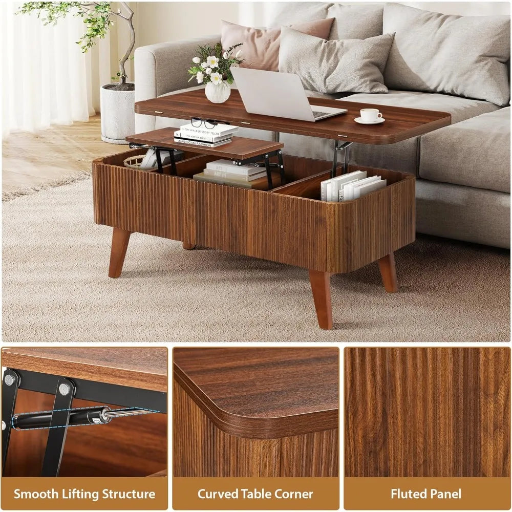 3 in 1 Lift Top Coffee Table, Fluted Convertible Coffee Tables Converts to Dining Tables, Modern Oval Wooden Center Table with S