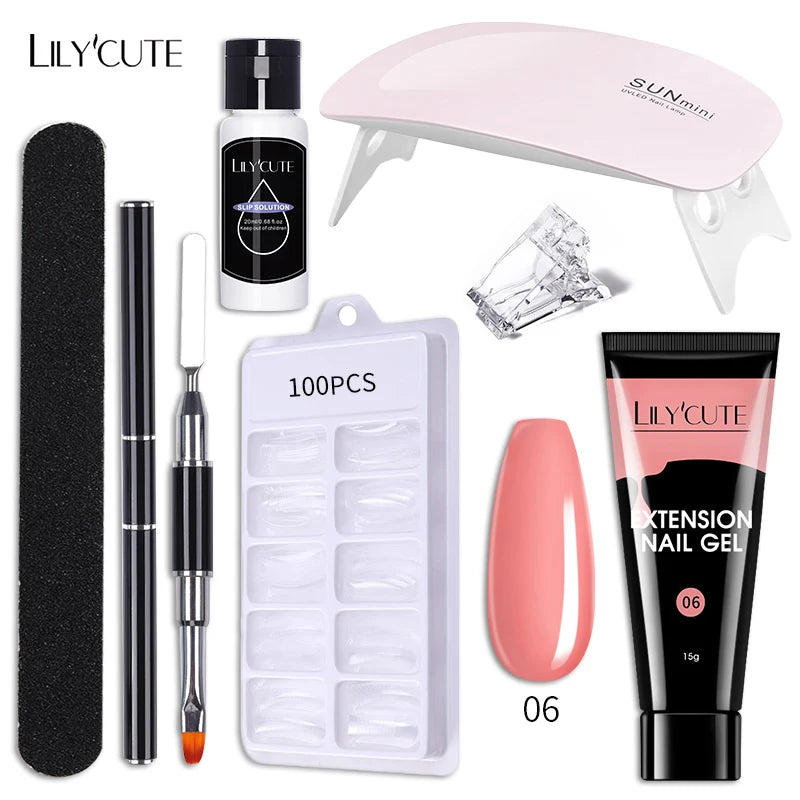 Kit de gel para extensión de uñas LILYCUTE de 15 ml, solución acrílica, esmalte en gel con lámpara para uñas para una rápida extensión, gel UV para uñas.