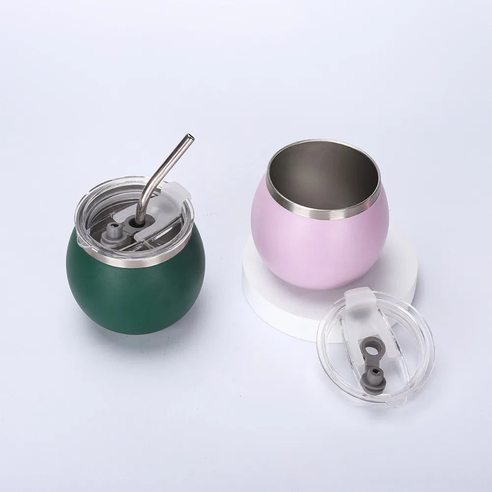 Mate argentino de doble pared de 148 ml (5 oz) de acero inoxidable con aislamiento térmico, pajita y tapa. Ideal para exteriores.