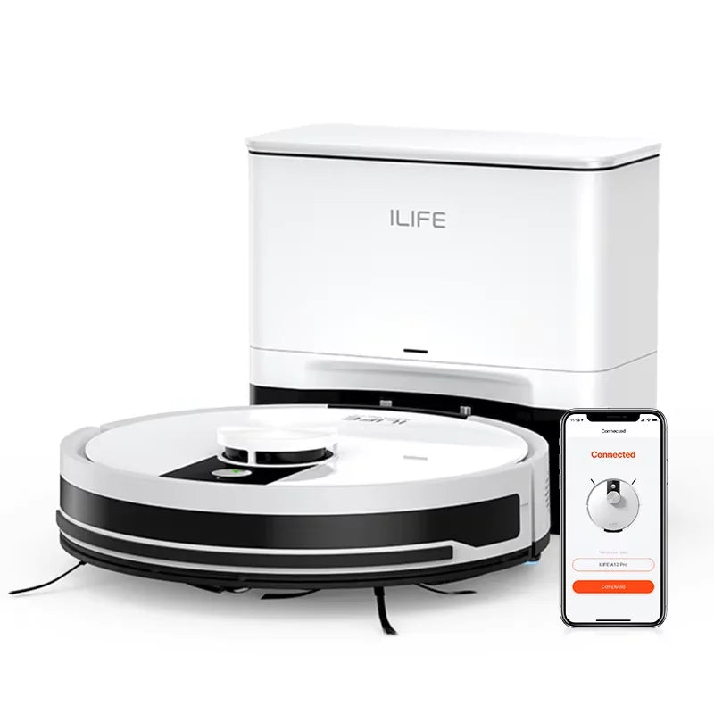 Robot aspirador y fregador ILIFE A12 Pro, navegación LIDAR, recogida automática de polvo, succión de 3000 Pa, control por app/remoto.