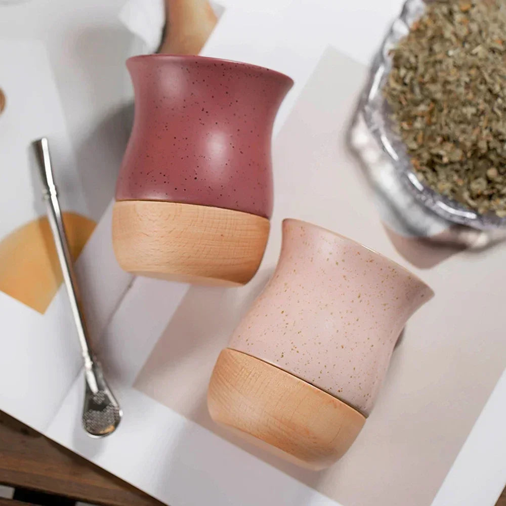 Mate   de acero inoxidable y cerámica con pajita 260 ml, cuchara y base de madera para leche, agua y té.
