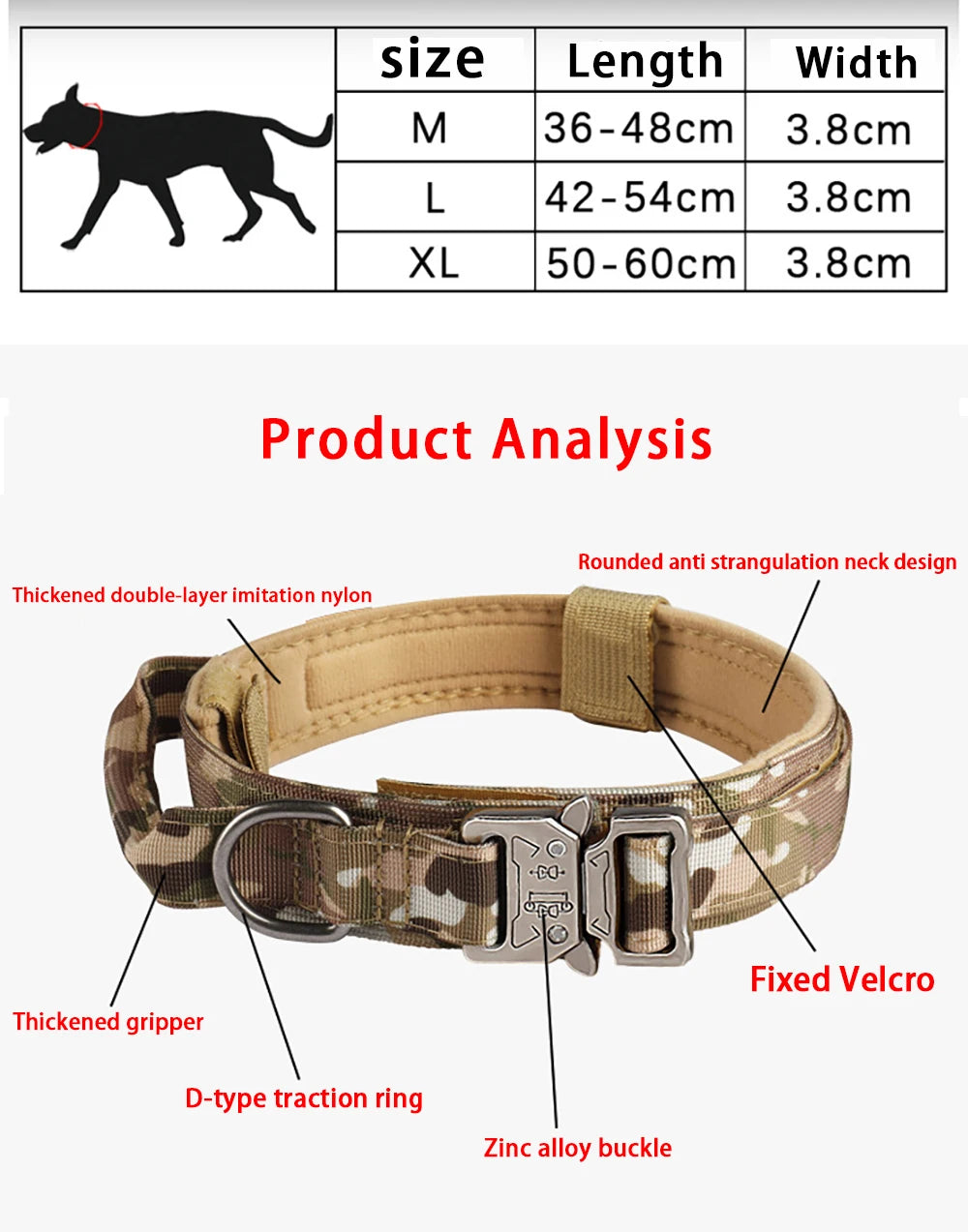 Collar táctico para perros de exterior con hebilla metálica, transpirable, de nailon, para entrenamiento de perros medianos y grandes.