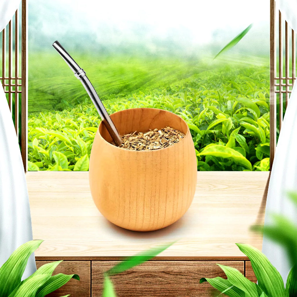 Juego de mate de madera para yerba mate, hecho a mano con madera natural, taza de café mate con cuchara, pajita, bombilla y cepillo, 200 ml (ligero).