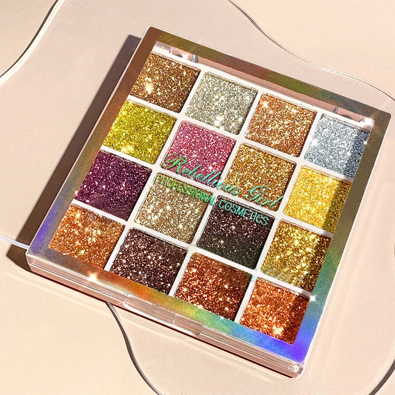 Paleta de sombras de ojos con brillo de 16 colores, efecto iridiscente multicolor dorado, acabado brillante con lentejuelas, maquillaje para cuerpo y rostro, ideal para fiestas y eventos.