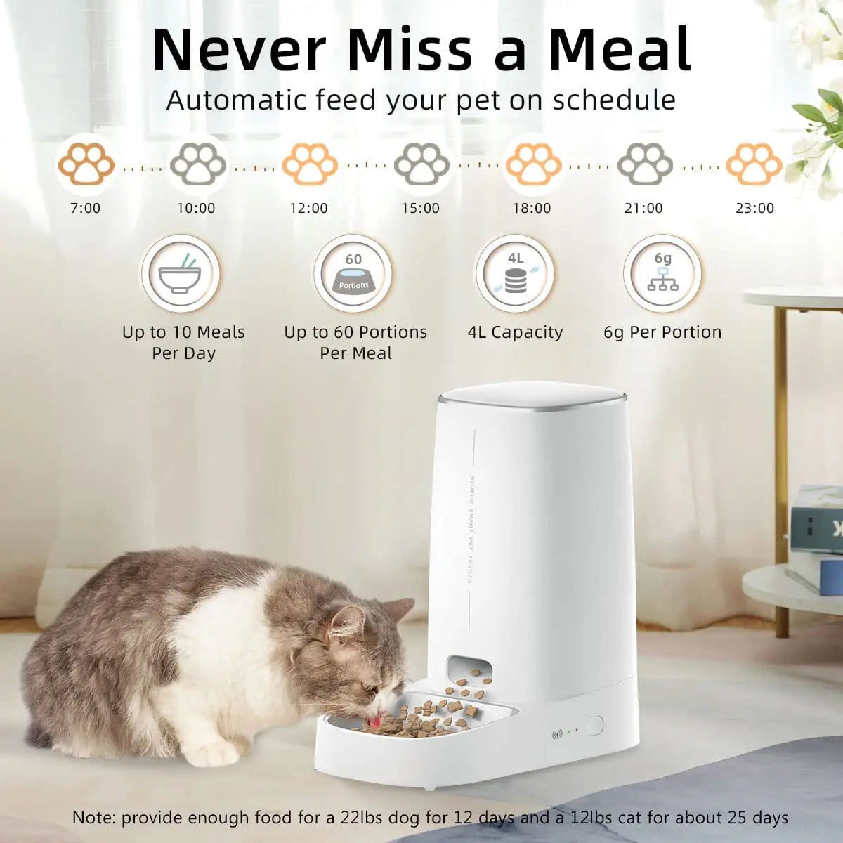 ROJECO Comedero automático para gatos, dispensador de comida para gatos inteligente con WiFi, control remoto, alimentador automático para comida seca para gatos y perros.