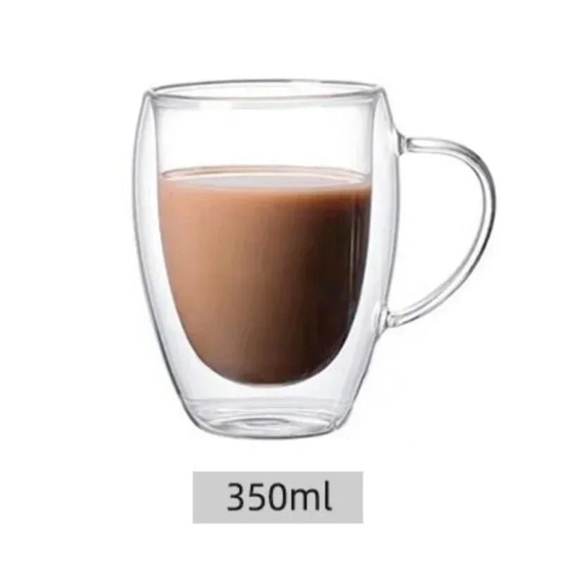 Taza de vidrio de borosilicato de doble pared transparente resistente al calor con asa, ideal para café, leche, zumo o agua. Regalo perfecto para amantes del café.