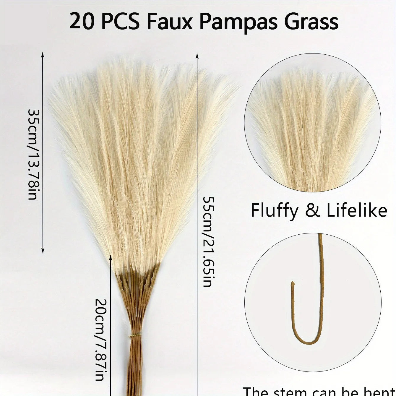20 piezas de hierba de la Pampa artificial, 21,6" de hierba pomponesa artificial corta, ramas de hierba pomponesa artificial para arreglos florales y jarrones.