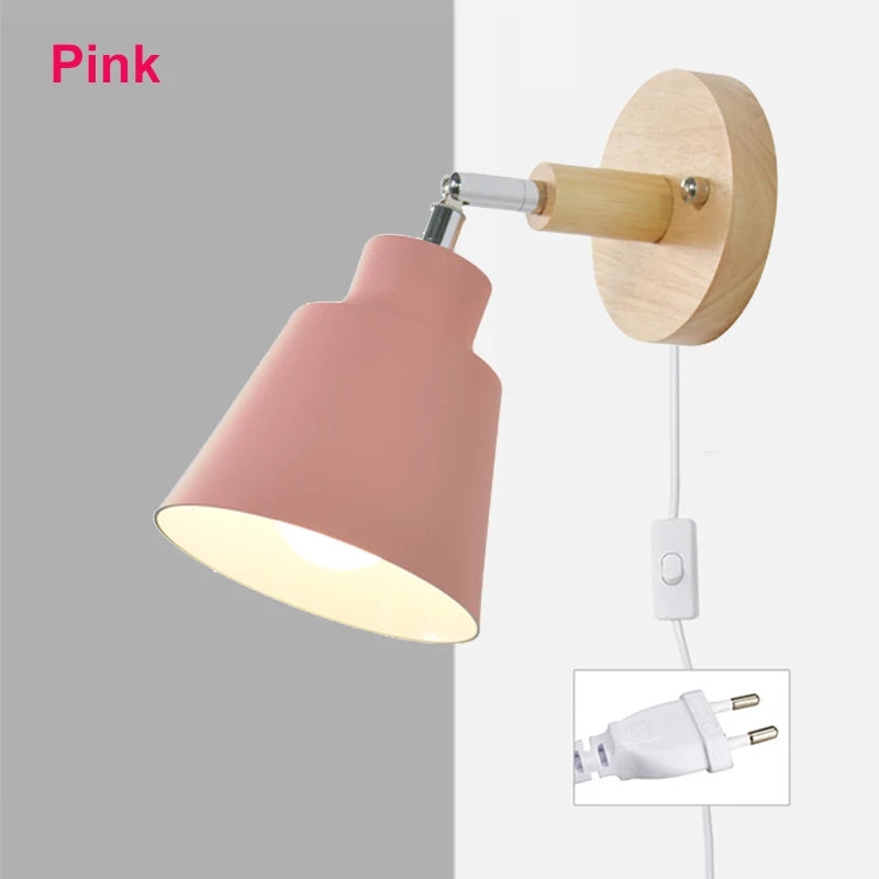 Aplique de pared nórdico para interiores, bricolaje, E27, madera, 6 colores, enchufe EU/UL, 350°, lámparas de pared para sala de estar, dormitorio, pasillo, apliques.