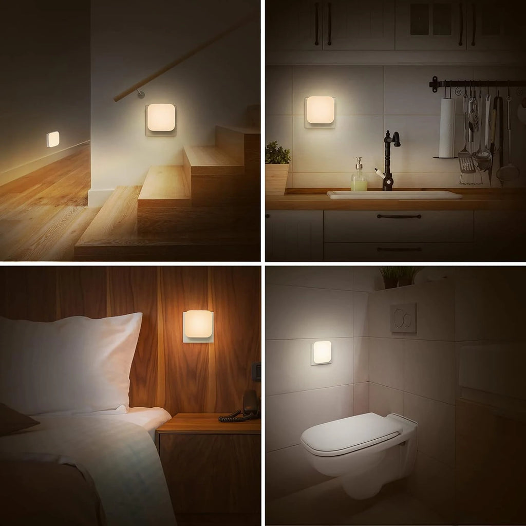 1 o 2 luces nocturnas LED enchufables a la pared, con sensor de luz crepuscular, 0,5 W, luz nocturna cuadrada enchufable, 2700 K, luz cálida.