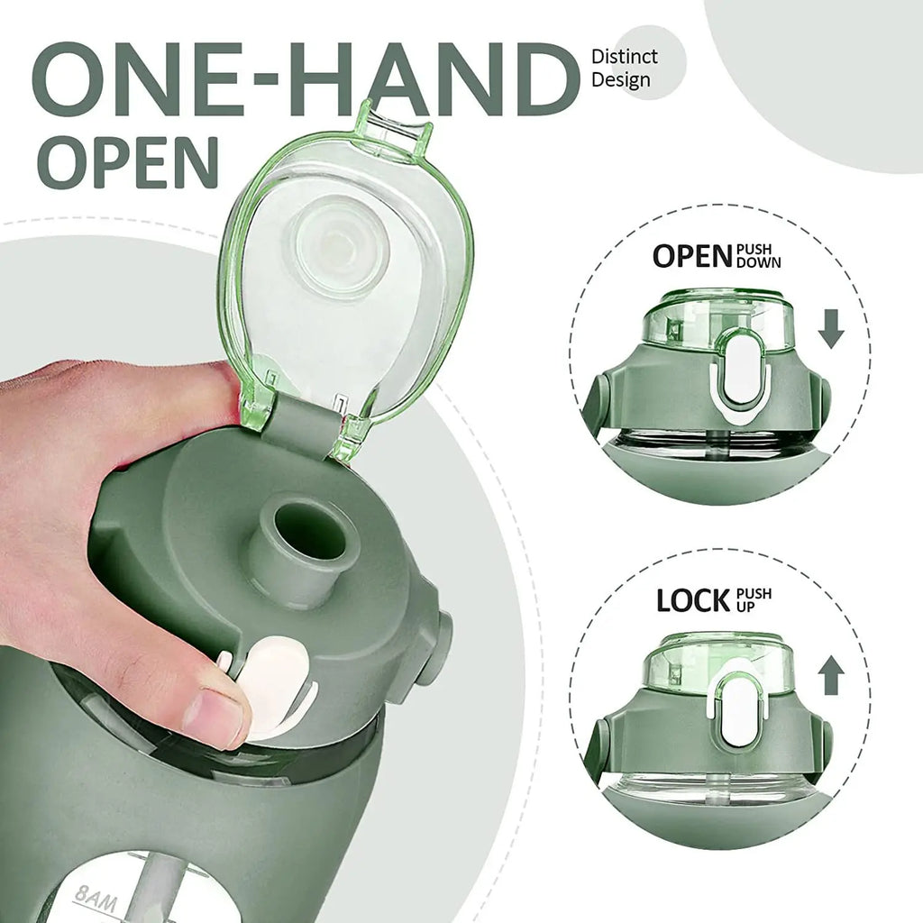 Botella de vidrio nueva de 946 ml/1656 ml/1892 ml (modelo 2024) con funda de silicona para pajita y marcador de tiempo. Ideal para camping, hogar, oficina y gimnasio.