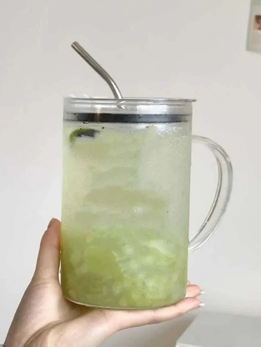 Vaso de vidrio de 1000 ml con tapa y pajita. Taza de café de vidrio transparente. Tazas para jugo, moca, leche y jugo.