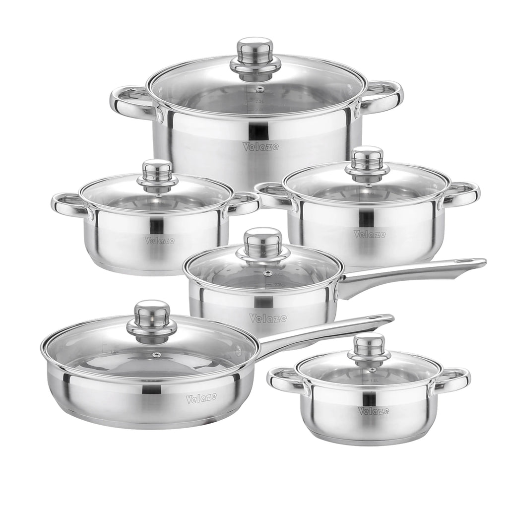 Juego de utensilios de cocina Velaze de 12 piezas, de acero inoxidable, apto para inducción, incluye cacerola, olla y cazuela con tapa de vidrio.