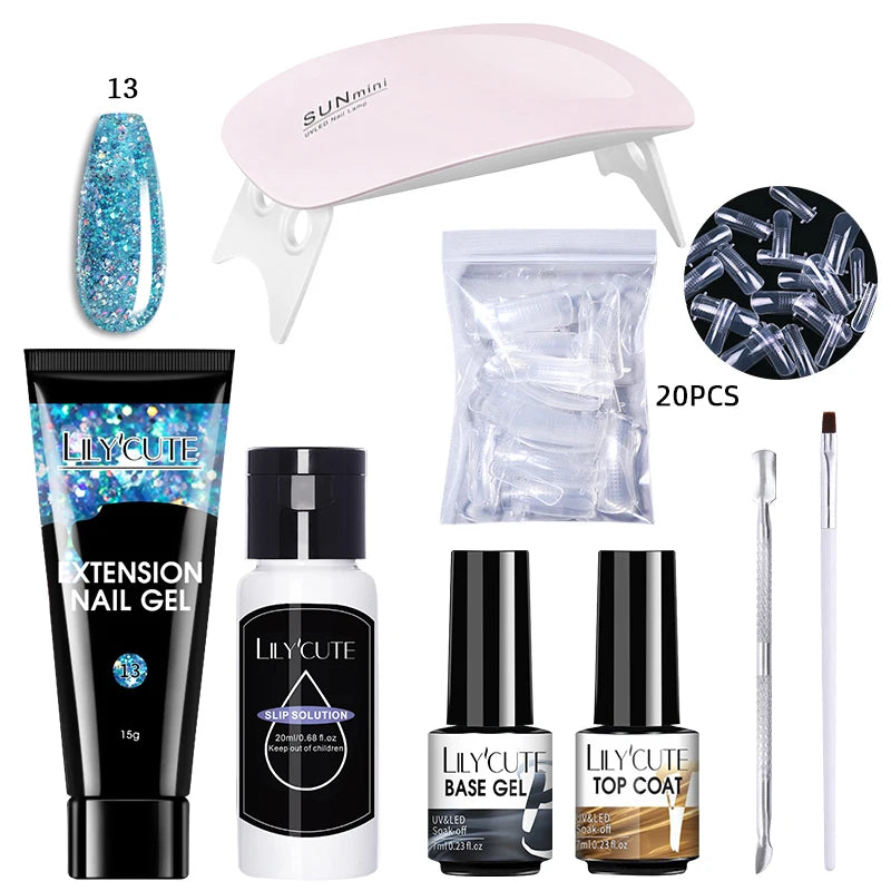 Kit de gel para extensión de uñas LILYCUTE de 15 ml, solución acrílica, esmalte en gel con lámpara para uñas para una rápida extensión, gel UV para uñas.