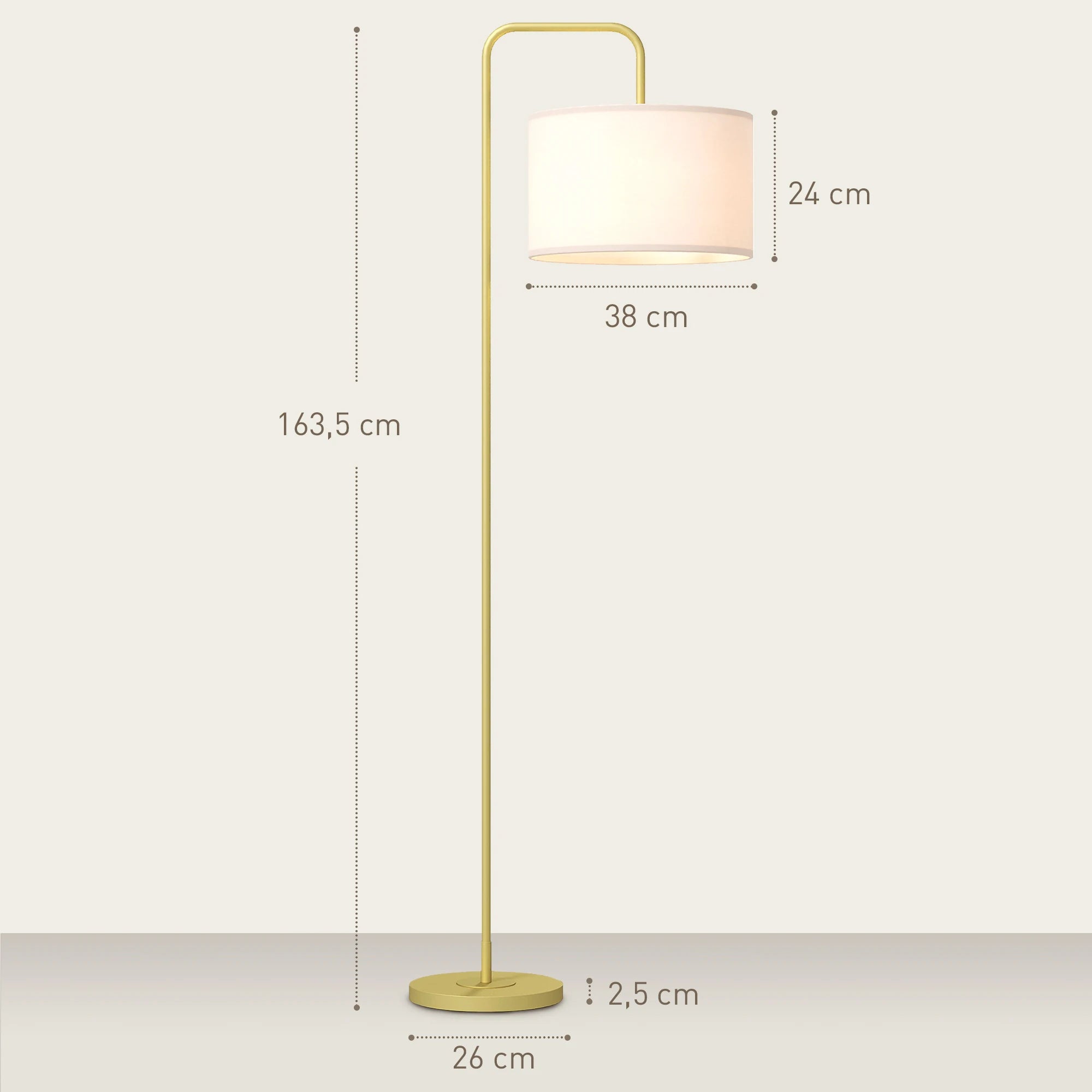 Lámpara de pie moderna Homcom con pantalla de lino sintético, lámpara de lectura para salón, 64 x 38 x 163,5 cm, blanca y dorada.