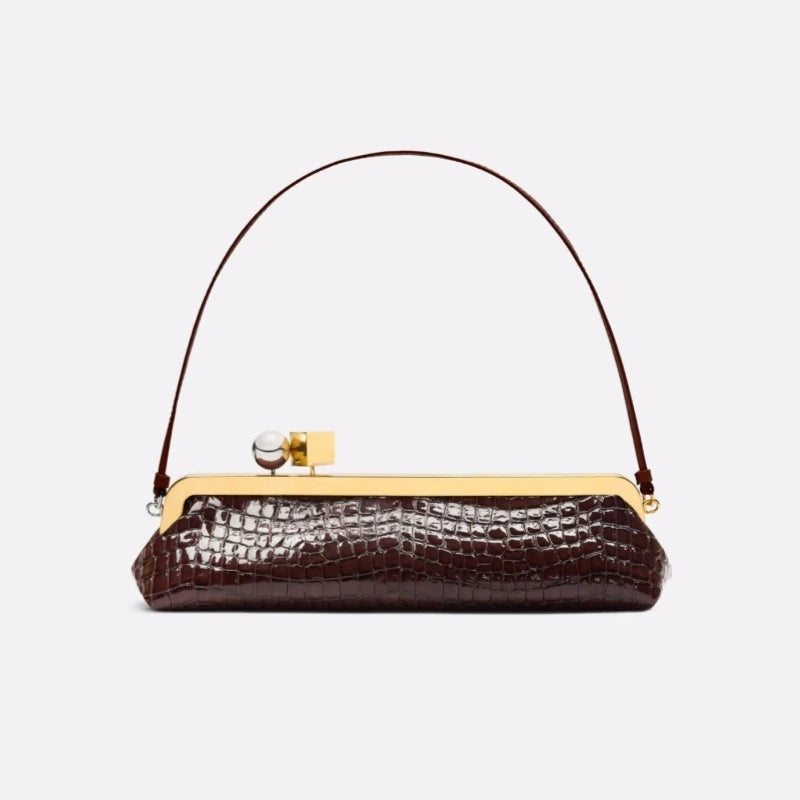 Bolso de mano largo con correa de hombro extraíble, bolso baguette de moda para mujer, bolso de mano de lujo de diseñador con clip para mujer.